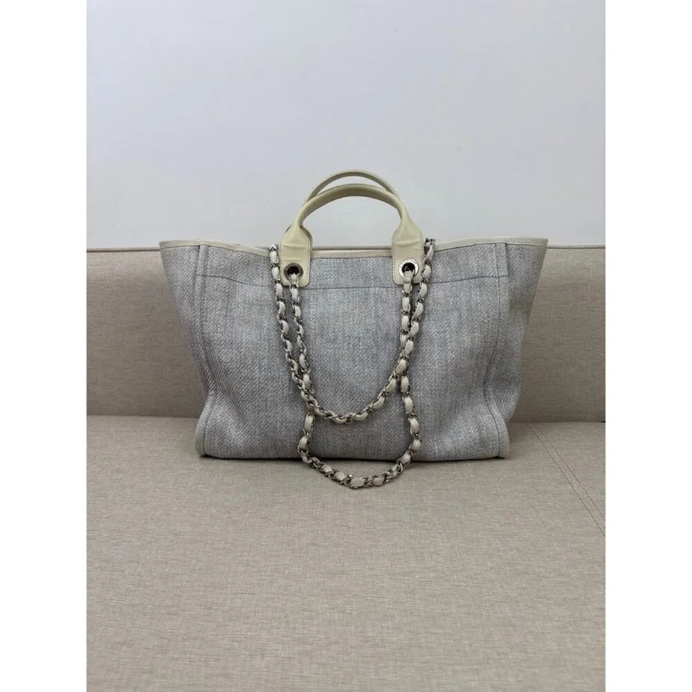 CHANEL Grey Raffia Deauville Shopping Bag Medium SHW